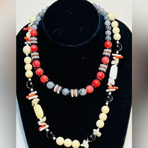 Vintage Signed Kenneth Lane Coral, MOP, Black, Gray Beaded Necklaces - set of 2
